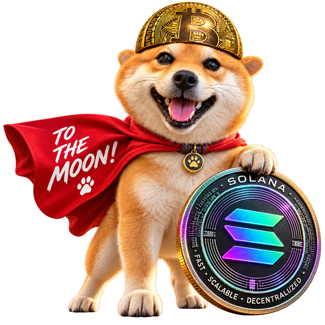 Crypto Inu in a red cape holding a Solana coin
