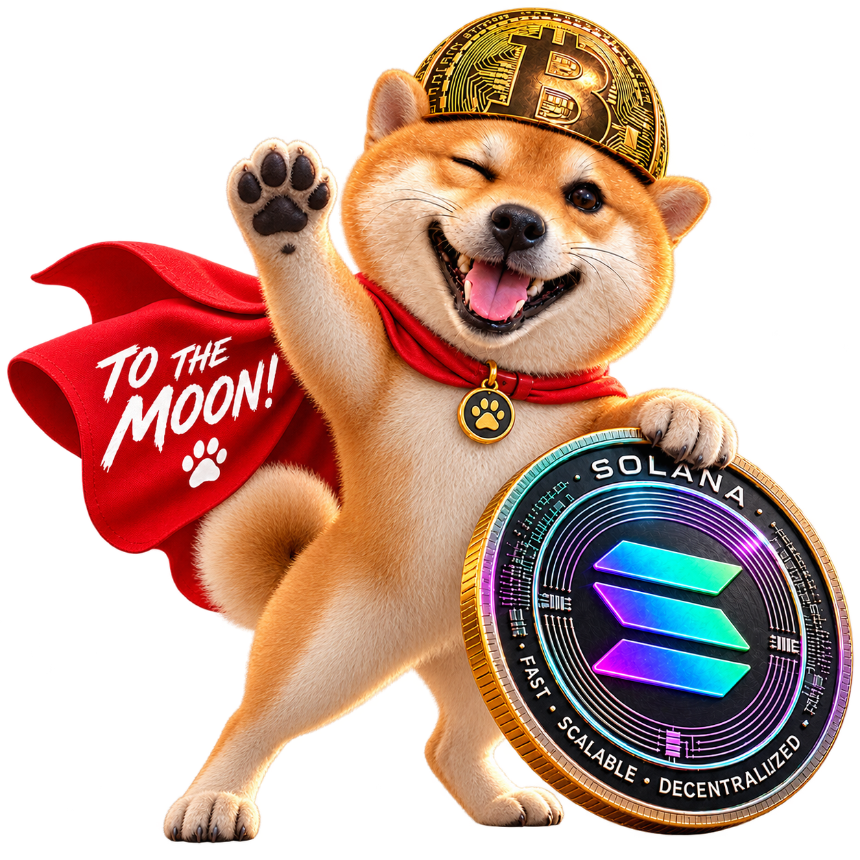 Crypto Inu waving beside a Solana coin